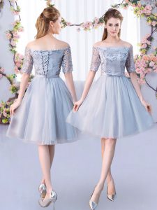 Empire Vestidos de Damas Grey Off The Shoulder Tulle Short Sleeves Knee Length Lace Up