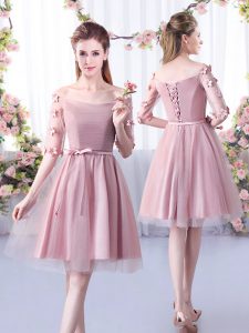 Pink Off The Shoulder Neckline Belt Damas Dress Half Sleeves Lace Up