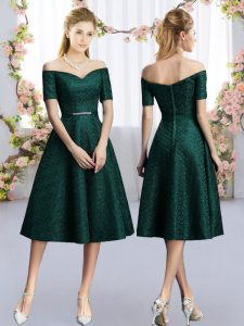 Simple Dark Green Off The Shoulder Belt Damas Dress Lace Short Sleeves