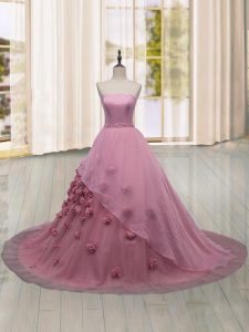 Traditional Pink Sleeveless Brush Train Hand Made Flower 15 Quinceanera Dress