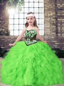 Straps Sleeveless Little Girl Pageant Gowns Floor Length Embroidery and Ruffles Tulle