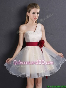 Wonderful Champagne Lace Up One Shoulder Lace and Hand Made Flower Court Dresses for Sweet 16 Organza Sleeveless