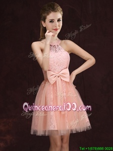 Glorious Halter Top Sleeveless Lace Up Mini Length Lace and Bowknot Quinceanera Court Dresses