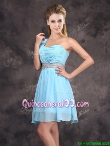 One Shoulder Sleeveless Damas Dress Mini Length Sequins and Ruching Baby Blue Chiffon