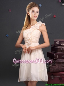 Fantastic One Shoulder Champagne Empire Ruffles and Ruching Quinceanera Dama Dress Zipper Chiffon Sleeveless Mini Length