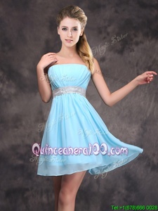 Popular Baby Blue Zipper Strapless Sequins and Ruching Quinceanera Court Dresses Chiffon Sleeveless