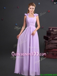 Stunning Lavender Empire Straps Sleeveless Chiffon Floor Length Zipper Ruching and Hand Made Flower Quinceanera Dama Dress