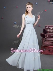 Chic Grey Empire Square Sleeveless Chiffon Floor Length Zipper Ruching Quinceanera Court of Honor Dress