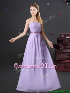 Lavender Strapless Lace Up Lace and Belt Quinceanera Court of Honor Dress Sleeveless