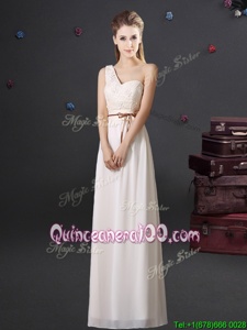 Edgy One Shoulder Floor Length Empire Sleeveless White Dama Dress Lace Up