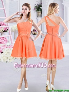 Amazing One Shoulder Sleeveless Mini Length Ruching Zipper Dama Dress with Orange