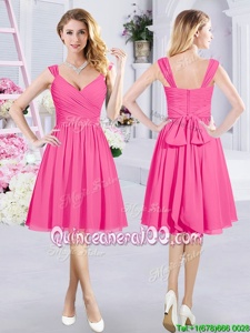 Adorable Chiffon V-neck Sleeveless Zipper Ruching and Belt Dama Dress inHot Pink