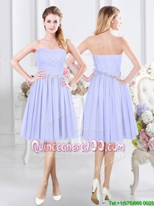 Lavender A-line Chiffon Strapless Sleeveless Ruching Knee Length Side Zipper Vestidos de Damas