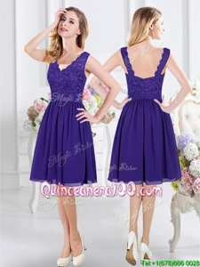 Best Empire Quinceanera Dama Dress Purple V-neck Chiffon Sleeveless Knee Length Zipper