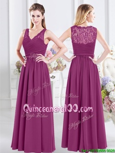 Amazing Floor Length Fuchsia Dama Dress V-neck Sleeveless Side Zipper