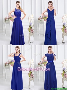 Fine V-neck Sleeveless Vestidos de Damas Floor Length Lace and Ruffles and Ruching Royal Blue Chiffon