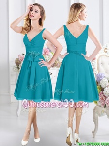 Super Chiffon V-neck Sleeveless Zipper Ruching and Belt Court Dresses for Sweet 16 inTeal