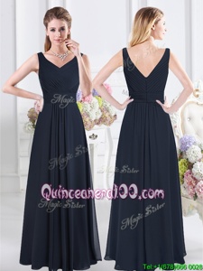 Fantastic Navy Blue Zipper V-neck Ruching Dama Dress Chiffon Sleeveless