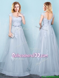 Deluxe Scoop Cap Sleeves Damas Dress Floor Length Appliques and Belt Light Blue Tulle