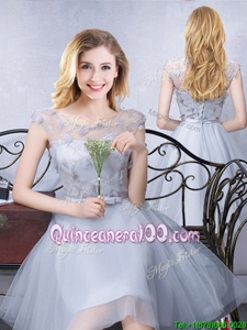 Chic A-line Vestidos de Damas Grey Scoop Tulle Cap Sleeves Knee Length Lace Up