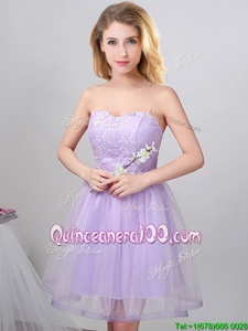 Flare Lavender A-line Beading Vestidos de Damas Lace Up Tulle Sleeveless Knee Length