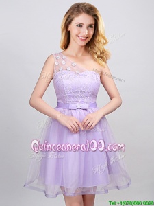 One Shoulder Sleeveless Lace and Appliques and Belt Lace Up Quinceanera Dama Dress