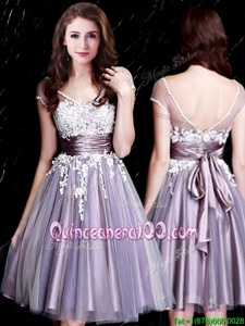 Knee Length Empire Short Sleeves Lavender Quinceanera Dama Dress Zipper