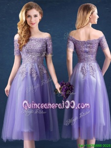 Fabulous Lavender Zipper Off The Shoulder Beading and Lace Vestidos de Damas Tulle Short Sleeves