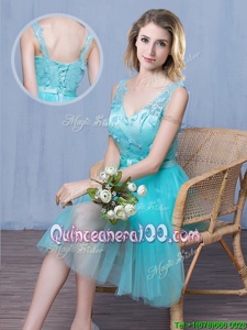 Sweet Knee Length Empire Sleeveless Aqua Blue Damas Dress Lace Up