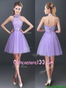 Most Popular Halter Top Lavender Sleeveless Mini Length Lace and Appliques Lace Up Vestidos de Damas