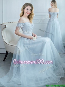 Custom Designed Off the Shoulder Light Blue Empire Beading and Appliques Court Dresses for Sweet 16 Lace Up Tulle Cap Sleeves Floor Length