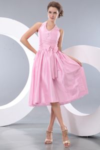 Pink Halter Tea-length Prom Dresses For Dama with Cute Bowknot