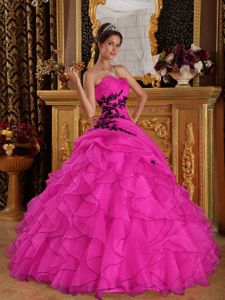 Hot Pink Organza Quinceanera Dress with Ruffles and Appliques