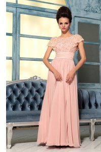 Bateau Cap Sleeves Side Zipper Mother of the Bride Dress Pink Chiffon