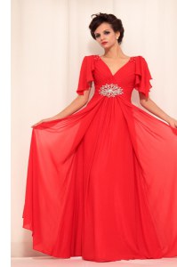 V-neck Short Sleeves Zipper Mother of Bride Dresses Red Chiffon