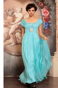 Designer Off the Shoulder Aqua Blue Chiffon Side Zipper Mother Dresses Cap Sleeves Floor Length Beading