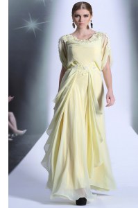 Pretty Scoop Light Yellow Organza Zipper Mother of Bride Dresses Short Sleeves Floor Length Lace and Ruffles