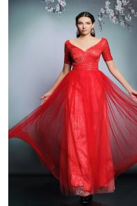 V-neck Short Sleeves Mother of Bride Dresses Floor Length Sequins Red Chiffon