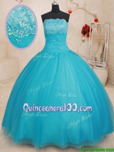 Fancy Aqua Blue Strapless Neckline Beading Sweet 16 Quinceanera Dress Sleeveless Lace Up