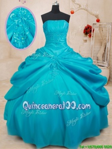 Comfortable Strapless Sleeveless Sweet 16 Dress Floor Length Appliques Teal Taffeta