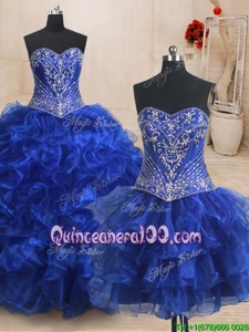 Decent Three Piece Royal Blue Organza Lace Up Sweet 16 Quinceanera Dress Sleeveless With Brush Train Beading and Ruffles