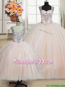 Fancy Straps Straps Beading Quinceanera Dresses Pink Zipper Sleeveless Floor Length