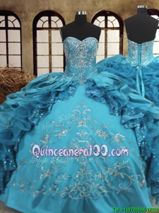 Shining Teal Sleeveless Organza and Taffeta Lace Up Sweet 16 Quinceanera Dress forMilitary Ball and Sweet 16 and Quinceanera