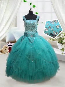 Fashionable Square Sleeveless Lace Up Floor Length Beading and Ruffles and Belt Little Girl Pageant Dress