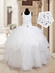 Halter Top Floor Length White Flower Girl Dresses for Less Organza Sleeveless Beading and Ruffled Layers