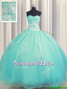 Dynamic Zipper Up Aqua Blue Sleeveless Floor Length Beading and Appliques Zipper Vestidos de Quinceanera