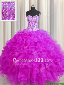 Comfortable Visible Boning Beaded Bodice Fuchsia Ball Gowns Beading and Ruffles Vestidos de Quinceanera Lace Up Organza Sleeveless Floor Length