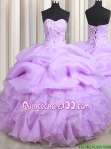 Noble Pick Ups Visible Boning Sweetheart Sleeveless Lace Up Sweet 16 Dress Lavender Organza