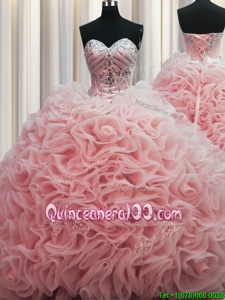 Fashionable Rolling Flowers Brush Train Baby Pink Lace Up Quinceanera Gowns Beading and Pick Ups Sleeveless Floor Length