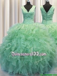 Fantastic V Neck Zipper Up Sleeveless Beading and Ruffles Zipper Sweet 16 Dresses